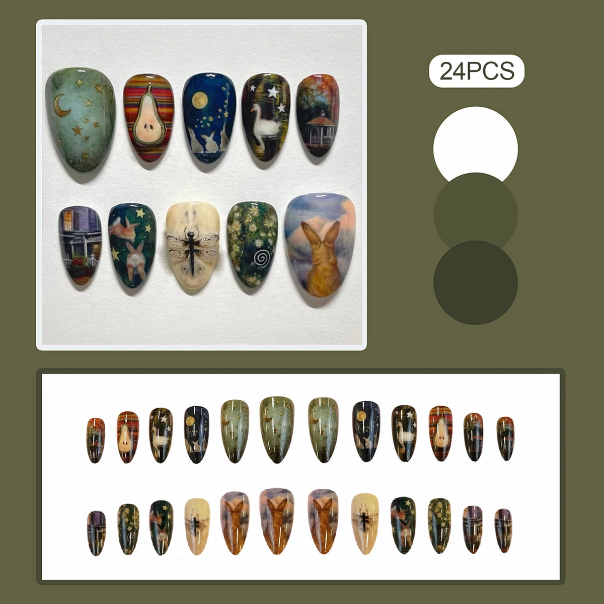 24pcs Gradient Black False Nails Cute Cartoon Cat's Eye Forest Elf Girl Press On Nails Glossy Almond Sweet Cool Fake Nail Tips