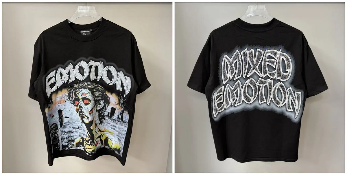 New MIXED-EMOTION Rhinestone cartoon printed pattern 100% cotton Men Women T-shirt Loose casual Shinning Diamond Tees Oversized Top