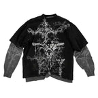 2000s American Skull Pattern Long sleeved T shirt Fashion Round Neck Oversized T shirt New Mens Casual Gothic Clothing Tops