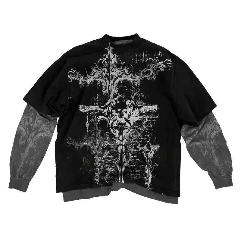 2000s American Skull Pattern Long sleeved T shirt Fashion Round Neck Oversized T shirt New Mens Casual Gothic Clothing Tops