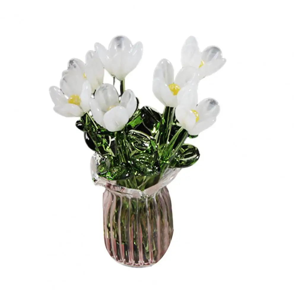 Glass Flower Decor Handcrafted Floral Sculpture Hand-blown Glass Flower Bouquet with Vase Mini Floral Decoration for Home Room