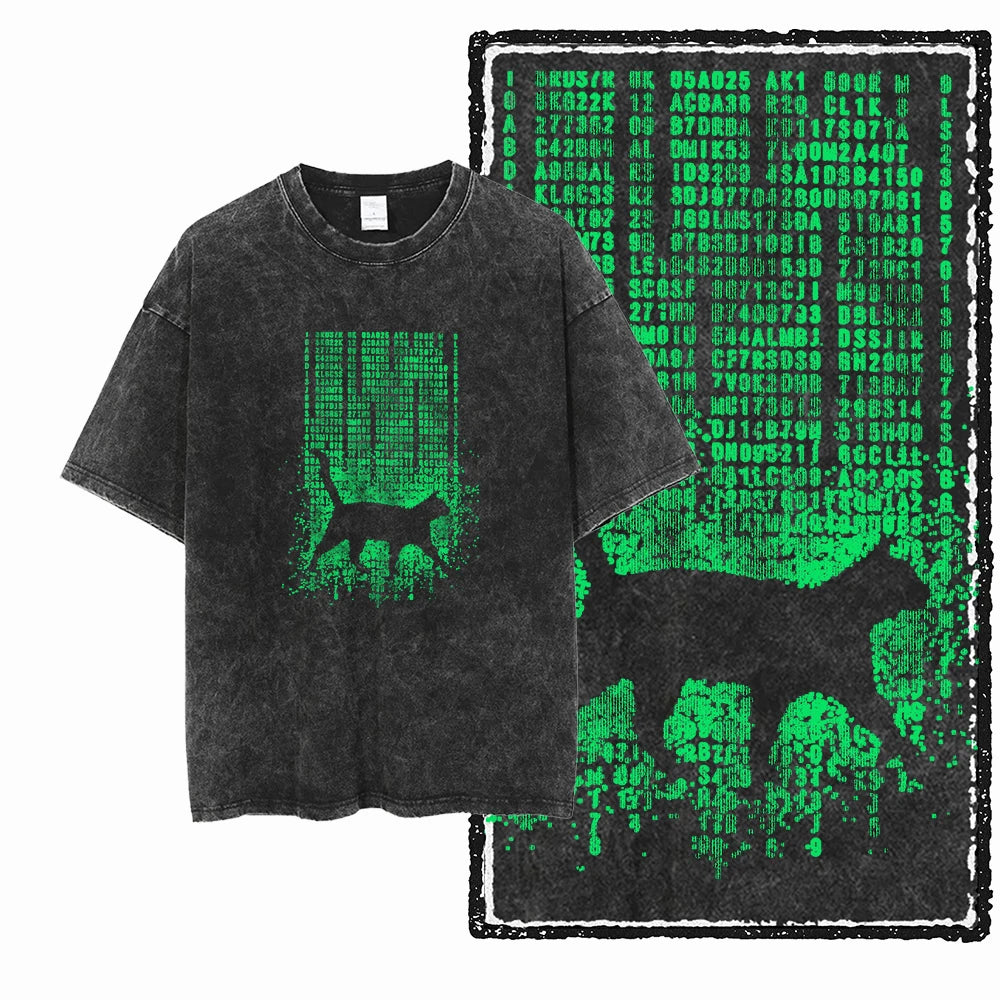 COOLMIND DB Cat Printed Cotton Acid Washed Exclusive Graphic Unisex T Shirt Cool Streetwear Men Tshirts Big Size Tee for Men