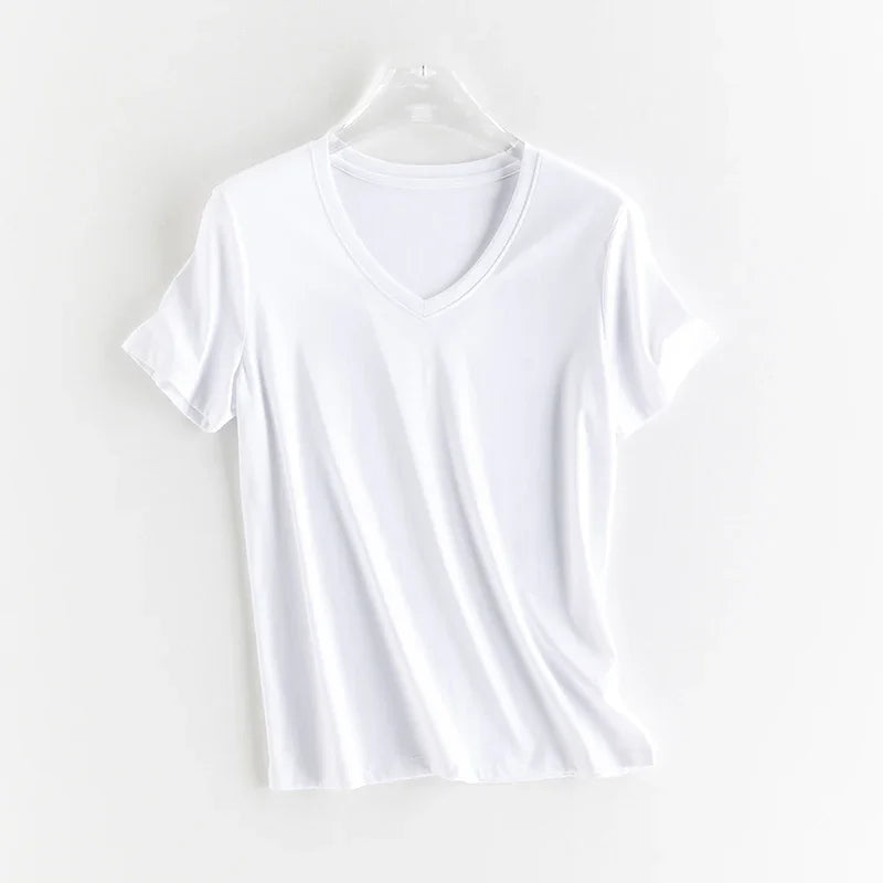 High-end New 10% Silk & Mercerized Cotton Women T-shirt Luxury Tee Short Sleeve Silky Feeling Summer Wear 2025 Tops V / O-neck