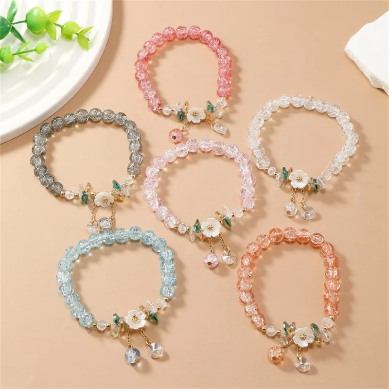 6pcs/set Colorful Popcorn Crystal Beaded Women Bracelet Daisy Flower Pendant Fashion Bracelet Mom Girlfriend Valentine's Day Gif