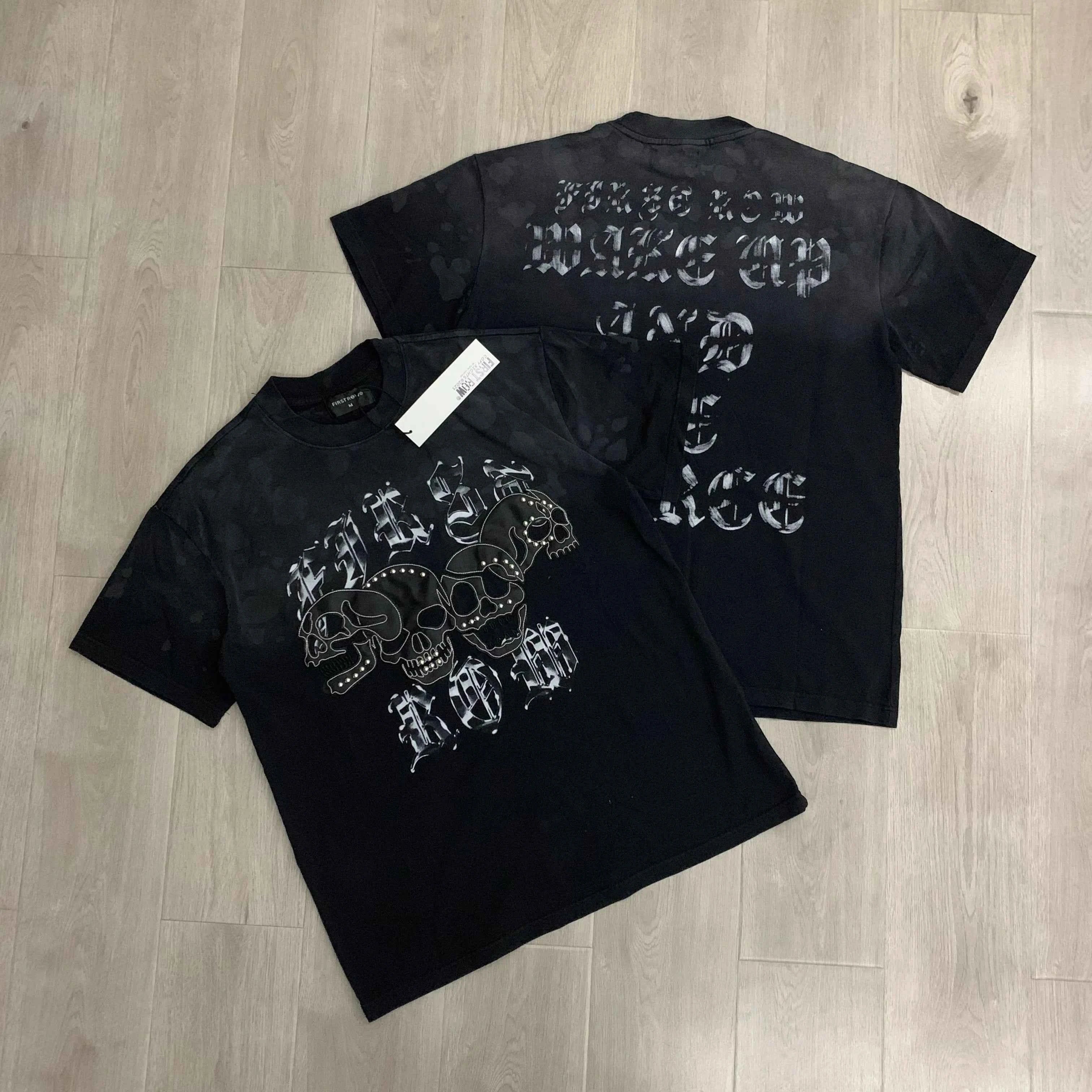 Streetwear Vintage Washed Diamond Cropped Tee for Men Crew Neck Short Sleeve Loose Cotton Rhineston Tshirts Oversized