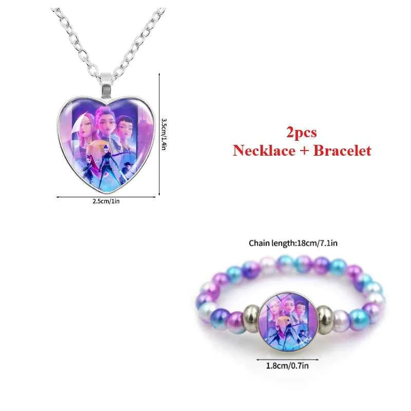 2pcs Kpop Rumi Mira Zoey Necklace Bracelet Set Heart Keychains Kpop Accessories Birthday Party Supplies Party Favors Gifts