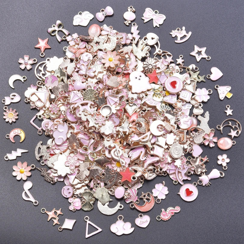 50pcs/Lot Girl Pink Drip Oil Accessories Random Mixed Style Charm Animal Heart Flower Moon Pendant DIY Jewelry Making Supplies