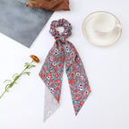 Fashion Flower Print Bow Satin Long Ribbon Ponytail Scarf Tie Scrunchies Women Girls Elastic Bands Hair Accessories