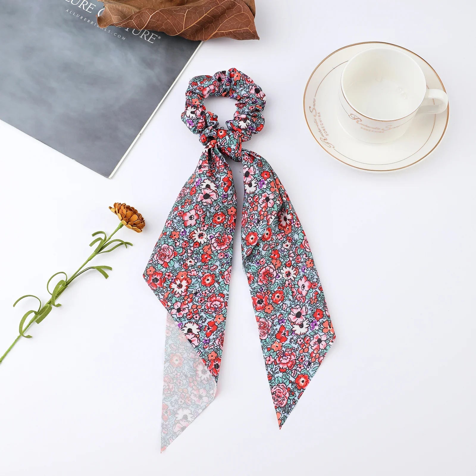 Fashion Flower Print Bow Satin Long Ribbon Ponytail Scarf Tie Scrunchies Women Girls Elastic Bands Hair Accessories