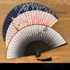 Vintage Silk Folding Fan Bamboo Tassel Decorative Hand Fan