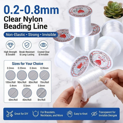 0.2-0.8mm Clear Nylon Beading Line Non Elastic Invisible Jewelry String for DIY Bracelet Necklace Jewelry Making 8-100m/Roll