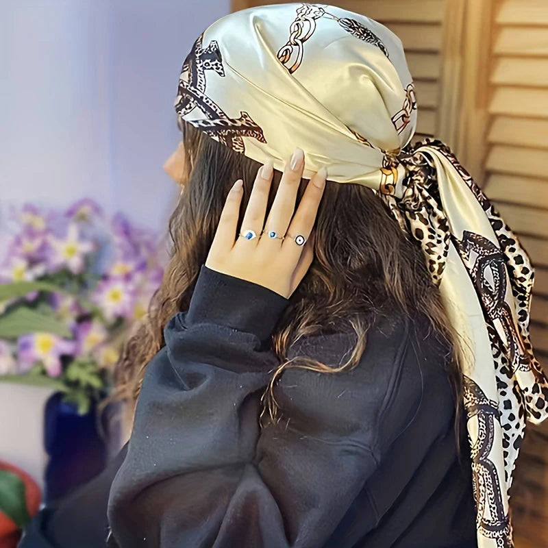 Satin Square Scarf Women Muslim Hijab Elegant 2025 Print Silk Neckerchief Shawl Wraps Headband Handle Hair Accessories Bandana