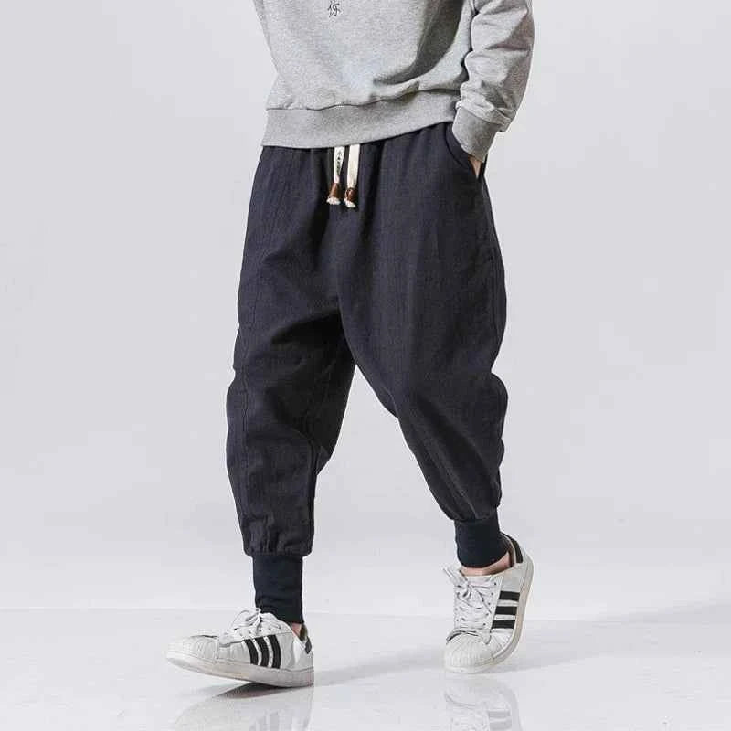 Cotton Linen Harem Pants Men Streetwear Joggers New Baggy Drop-crotch Pants Casual Trousers Men Sweatpants