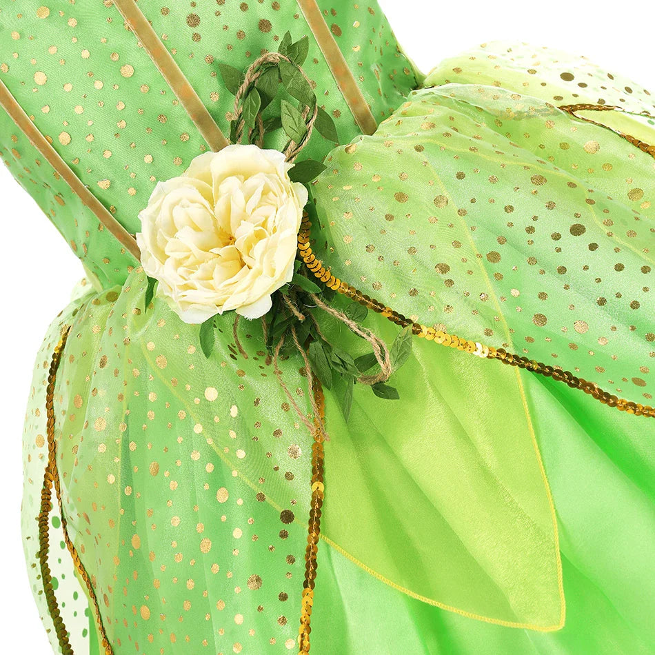 Girls Tinkerbell Fairy Costume – Green Princess Dress Outfit