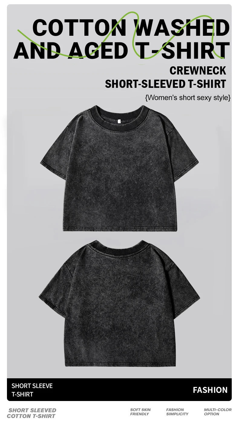 100% Cotton Washed T-Shirts For Women Loose O-Neck Crop Tops Y2k Street Female Clothes Summer Casual Vintage Short Sleeve Tees