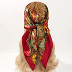 Satin Square Scarf Women Muslim Hijab Elegant 2025 Print Silk Neckerchief Shawl Wraps Headband Handle Hair Accessories Bandana