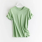 High-end New 10% Silk & Mercerized Cotton Women T-shirt Luxury Tee Short Sleeve Silky Feeling Summer Wear 2025 Tops V / O-neck