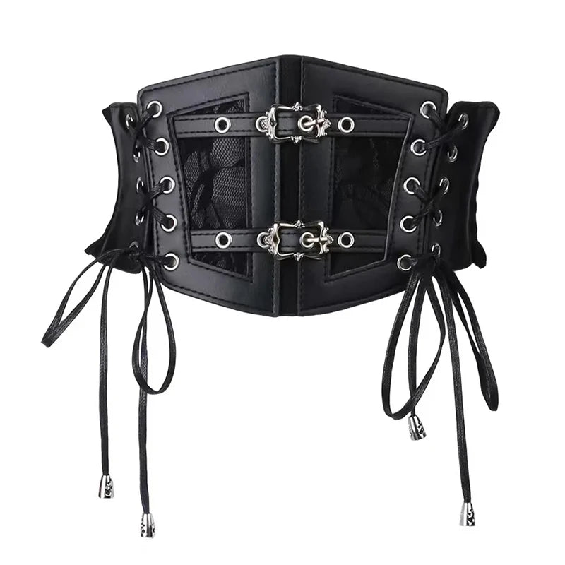 Lace Corset Punk Black Wide Belt With Chain Pu Leather Slimming Body Belts for Women Elastic High Waist Belt Female Cummerbunds