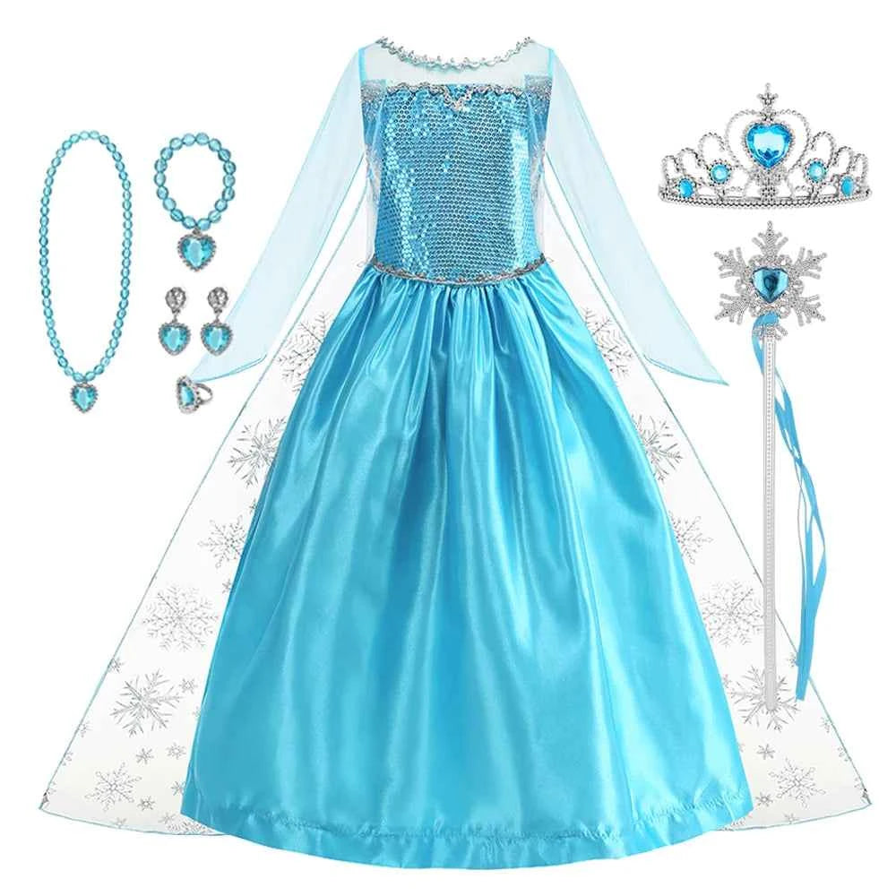 Disney Frozen Elsa Snow Queen Princess Dress Girls Costume Halloween Kids Role-play Carnival Children Birthday Party Dress
