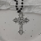 Gothic Bat Cross Dark Pendant Necklace Set, Y2K Personalized Thorn Love Black Bead Stacked Necklace Set, Suitable as Halloween G