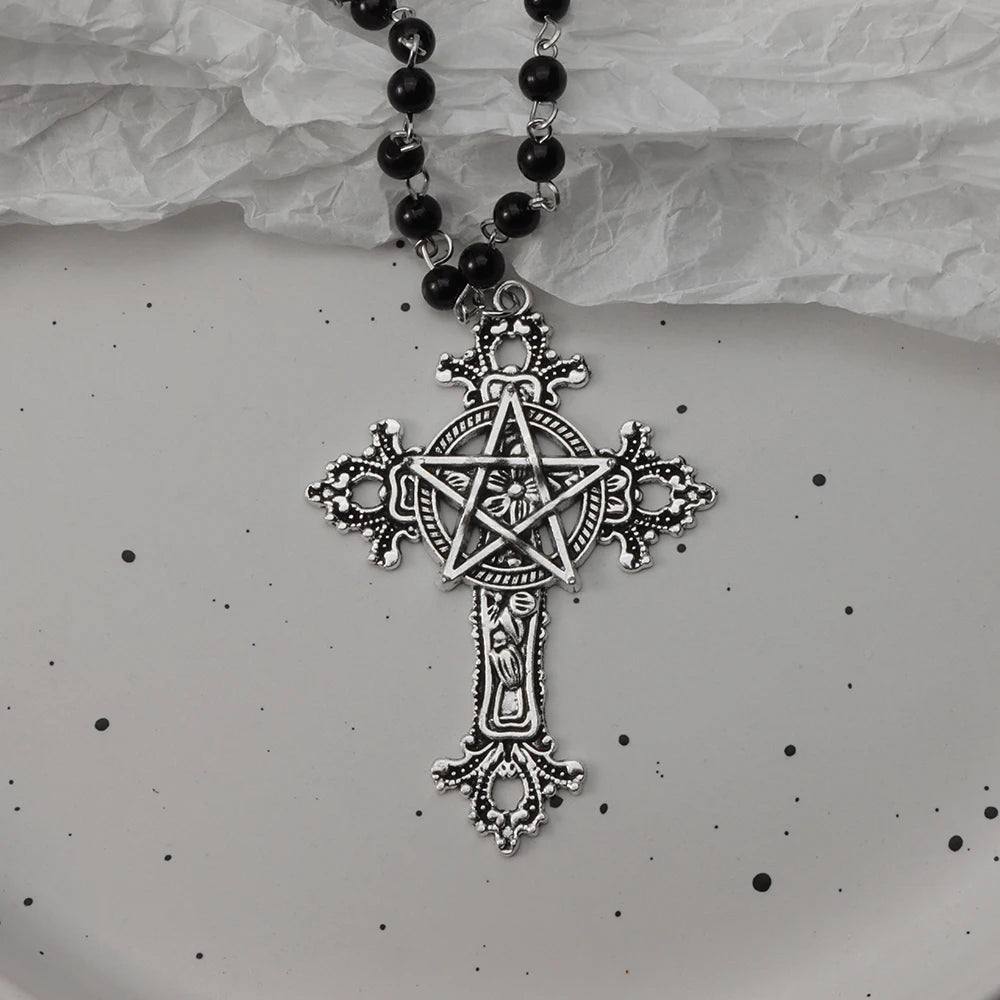 Gothic Bat Cross Dark Pendant Necklace Set, Y2K Personalized Thorn Love Black Bead Stacked Necklace Set, Suitable as Halloween G