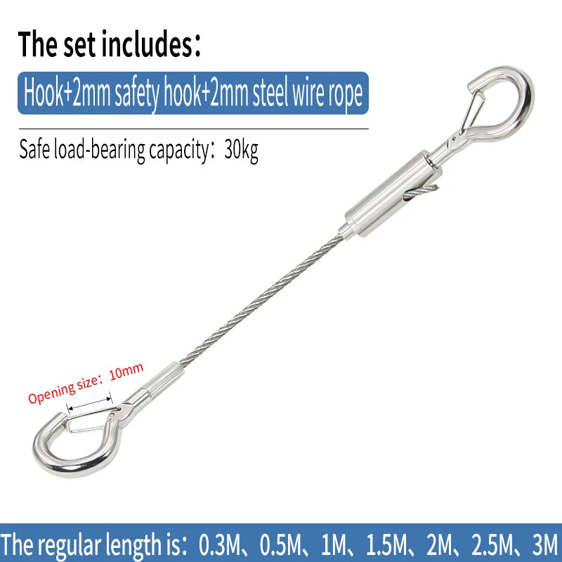 2mm Adjustable Steel Cable Suspension Kit, Heavy-Duty Hook for Steel Wire Rope Capable of Bearing 30kg, Extendable Clothesline