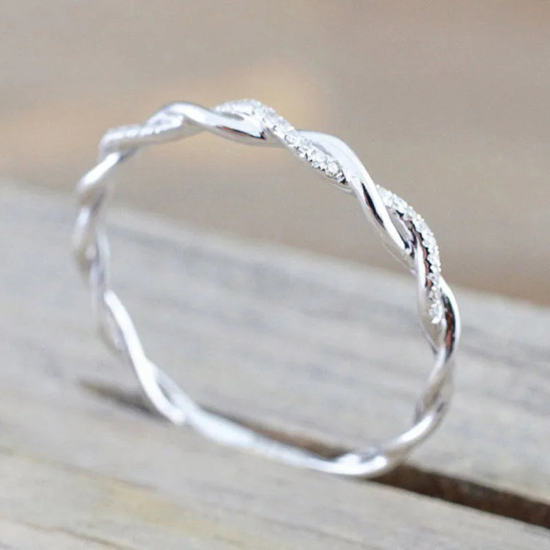 Huitan Simple Stylish Women Thin Rings Fancy Twist Band Shiny Crystal Cubic Zircon Daily Wear Versatile Jewelry Minimalist Gift