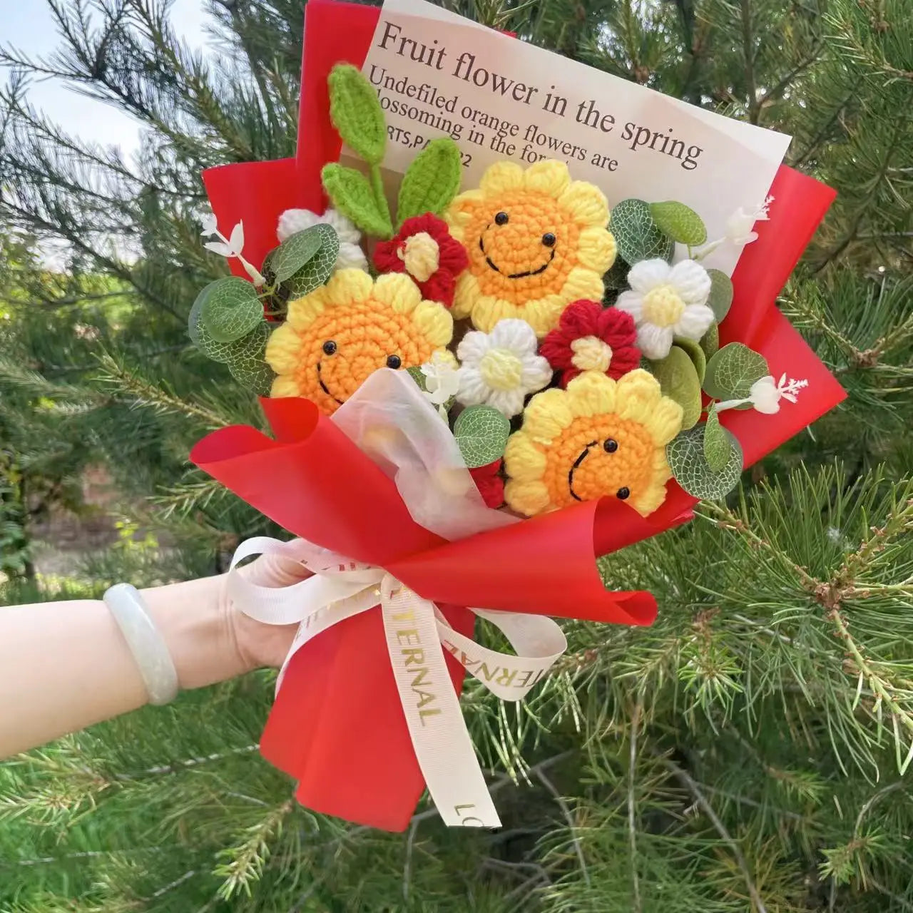 Finished Knitted Flowers Sunflowers Crochet Bouquet Creative Knitted Flowers Valentine Mothers' Day Birthday Graduation Gifts