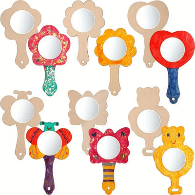 12 Pcs Wooden Mini DIY Painting Mirrors Unfinished Handmade Craft Mirror DIY Wood Painting Mirror for Wood Crafts DIY Activity