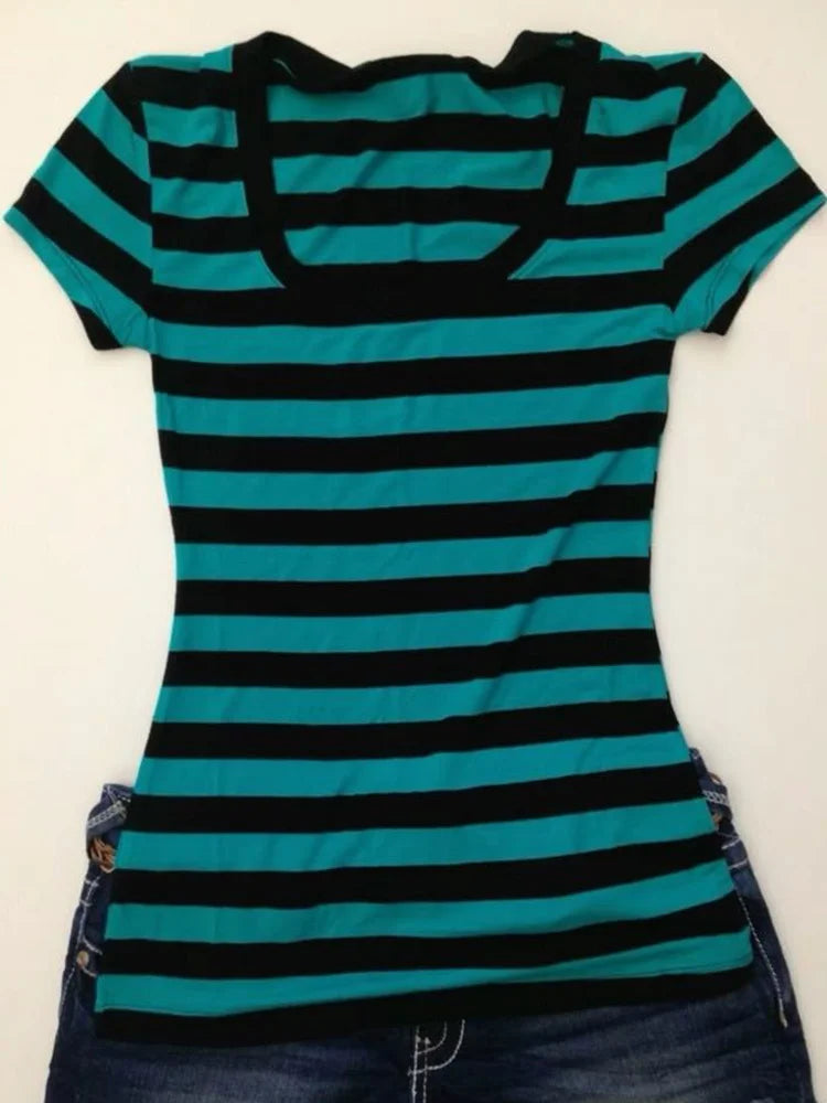 Stripe pattern casual tops chic cotton fashion Y2K tops cute silm rock aesthetic urban emo girls hip hops harajuku women t-shirt