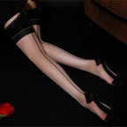 Vintage Cuban Heel Back Seam Thigh High Stockings Oil Shiny Ultra Thin Transparent Silk Hosiery Women Sexy Patchwork Lingerie