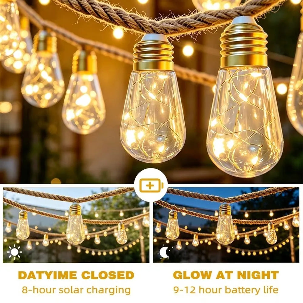 Solar String Lights Hemp Rope Edison Bulb Fairy Lights Solar Powered Warm White for Garden Patio Porch Yard Halloween Decor