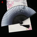 Vintage Silk Folding Fan Bamboo Tassel Decorative Hand Fan
