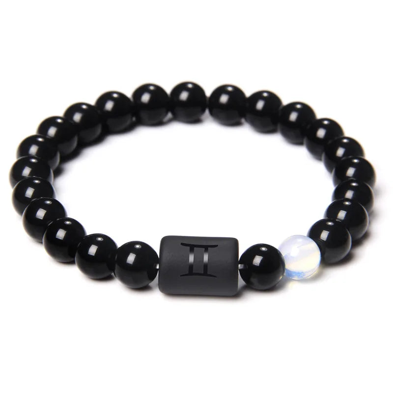 12 Constellation Zodiac Signs Beads Couples Bracelet Natural Black Onyx Stone Elastic Charm Bracelet for Women Men Birthday Gift