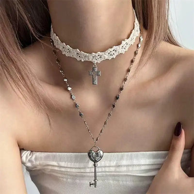 Y2K White Lace Cross Strap Key Choker Necklace for Women Sweet Cool Heart Chain Double Layer Necklace Fashion Party Jewelry Gift