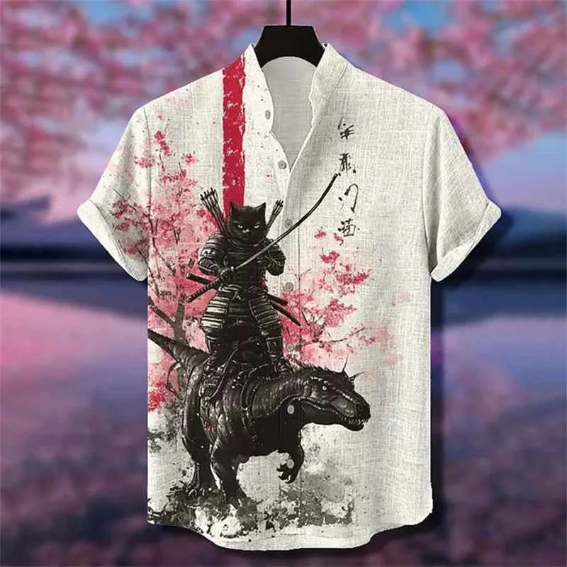 Colorful Men's Linen Summer Short Sleeve Shirt Fashion, Short Sleeve Top 3D Cat Printed Pattern Men's Clothing,
