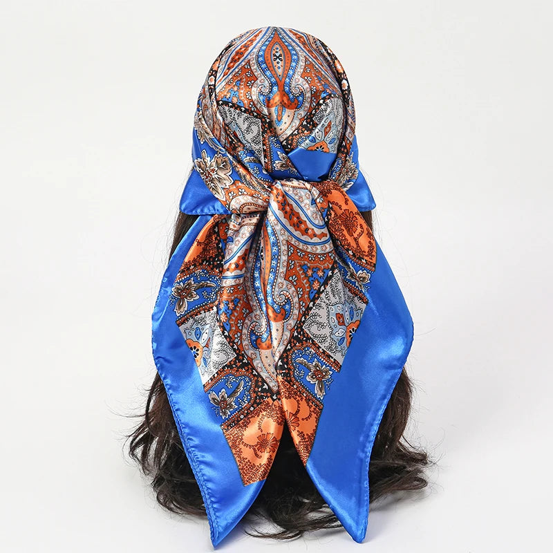 Satin Square Scarf Women Muslim Hijab Elegant 2025 Print Silk Neckerchief Shawl Wraps Headband Handle Hair Accessories Bandana