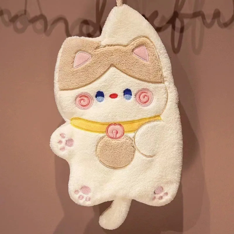 Cute Cat Hand Towel Quick Drying Kitchen Cleaning Rag Coral Velvet Cartoon Animal Absorbent Bathroom Hanging Towel Home Supplies