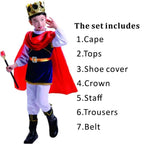 7 Pieces Boys King Carnival Costume Medieval Royal Prince Full Set Outfits for Halloween Birthday Party Fancy Dress Up