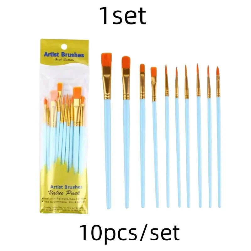 10 pcs set multi-functional watercolor brush pearlescent blue plastic rod multi-color nylon hair hook line gouache oil brush