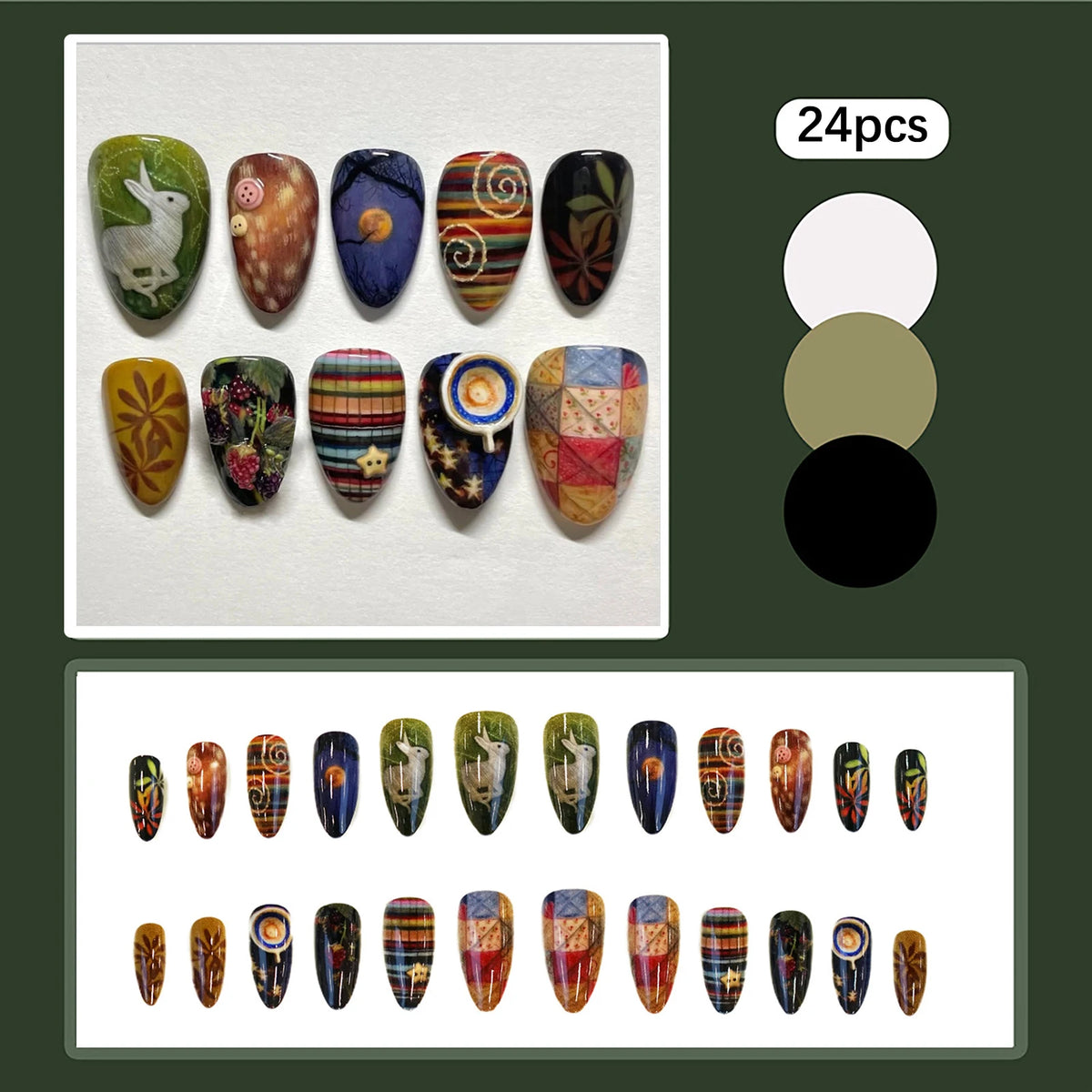 24pcs Gradient Black False Nails Cute Cartoon Cat's Eye Forest Elf Girl Press On Nails Glossy Almond Sweet Cool Fake Nail Tips