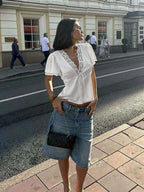 Women Solid Lace Tops V-Neck Short Sleeves Satin Slim Regular Streetwear Tees Female Summer Pure Desire Hot Girl T Shirts 2026
