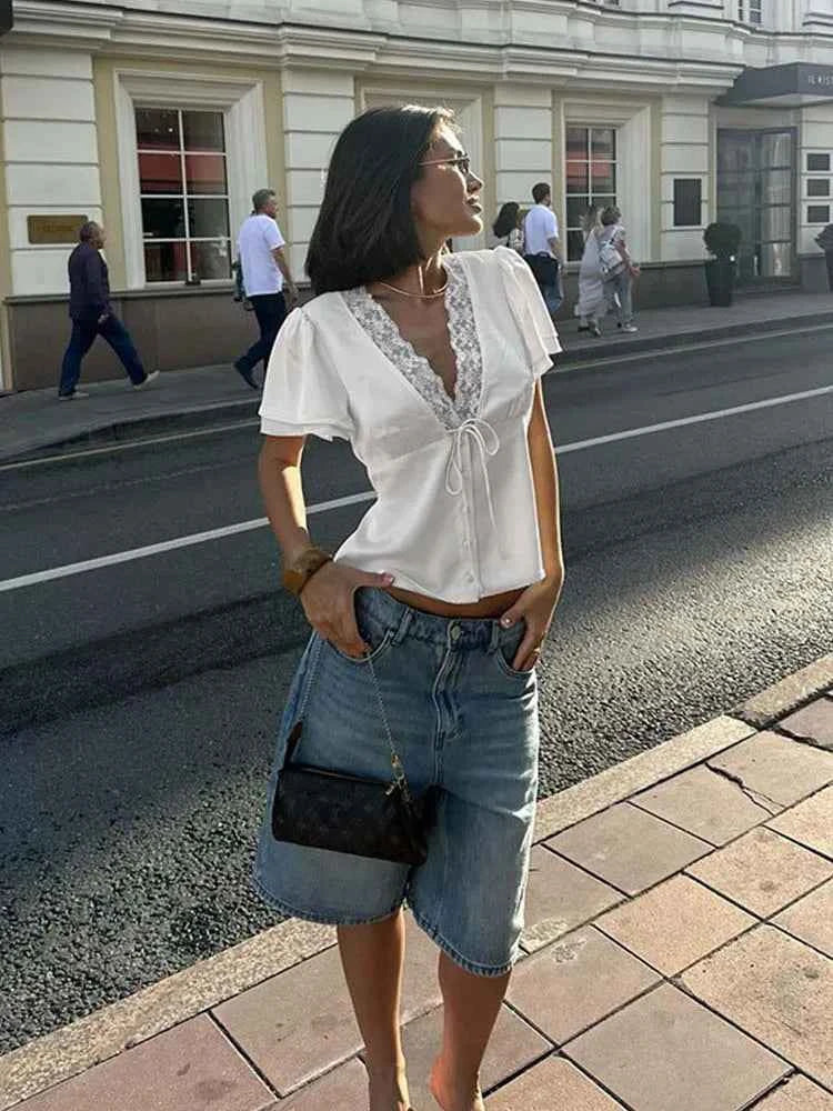 Women Solid Lace Tops V-Neck Short Sleeves Satin Slim Regular Streetwear Tees Female Summer Pure Desire Hot Girl T Shirts 2026