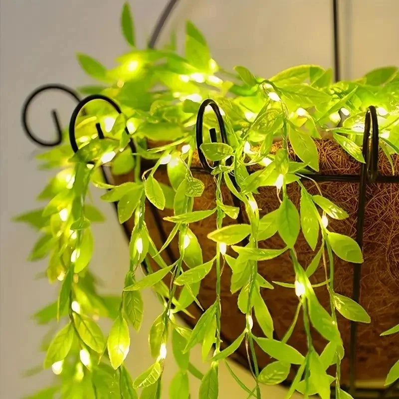 LED Green Leaf Fake Plants String Light 20/50/100LED Ivy Lights Battery Powered for Halloween Christmas Wall House Office Decor