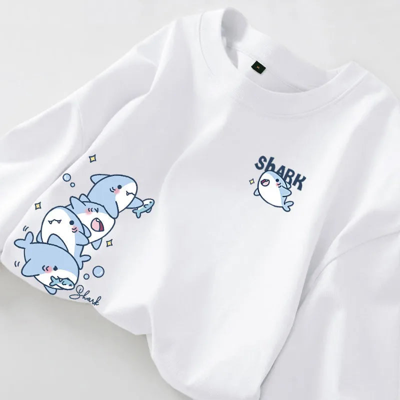 Cartoon Shark Print Simple Casual Loose Versatile Summer Short Sleeved T-shirt