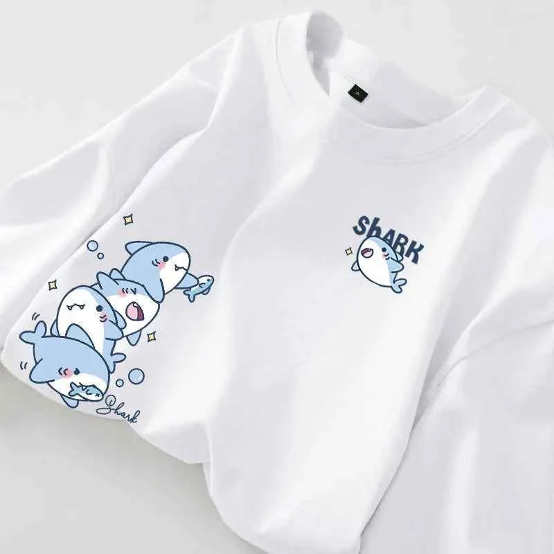 Cartoon Shark Print Simple Casual Loose Versatile Summer Short Sleeved T-shirt