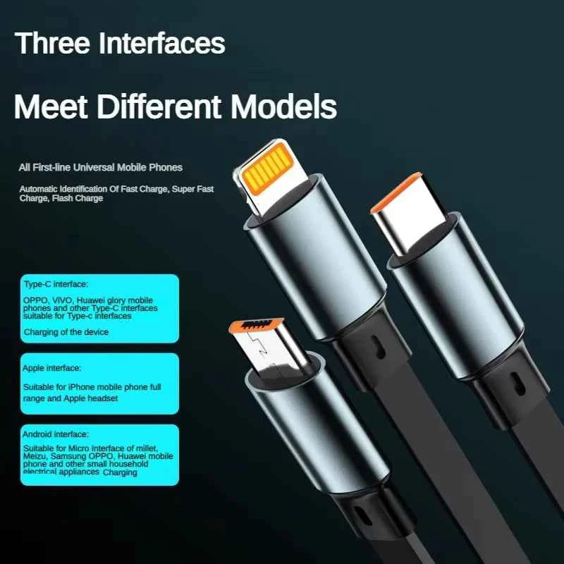 3 in 1 Retractable USB 100W Cable Fast Charging Micro USB 5A Type-C Android Suitable for iPhone Xiaomi Huawei Samsung Charging