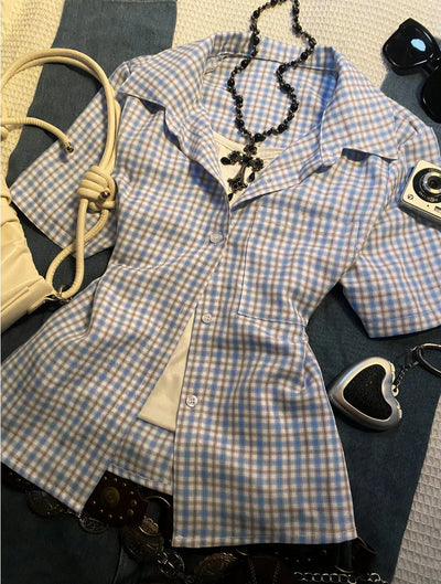 European and American retro preppy style plaid shirt, women's short-sleeved cardigan button shirt