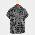 Vintage Men's Mermaid Print Shirts Boat Anchor Print Button Shirts Summer Ocean Element Shirts Men's Hawaiian Leisure Shirts