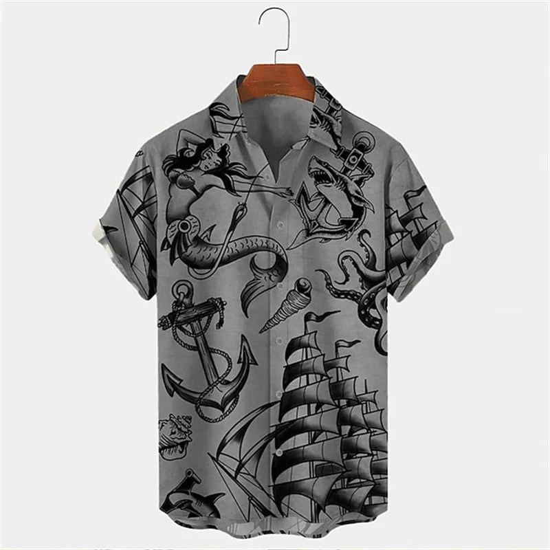 Vintage Men's Mermaid Print Shirts Boat Anchor Print Button Shirts Summer Ocean Element Shirts Men's Hawaiian Leisure Shirts